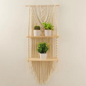 Mong Macrame Wall Hanging Shelf - Boho Hanging Shelves for Wall - Decorative Bohemian Floating Plants Room Storage Shelving Macrame Rope Decor Organizer Rack, 2 Tier Handmade Plant Shelves