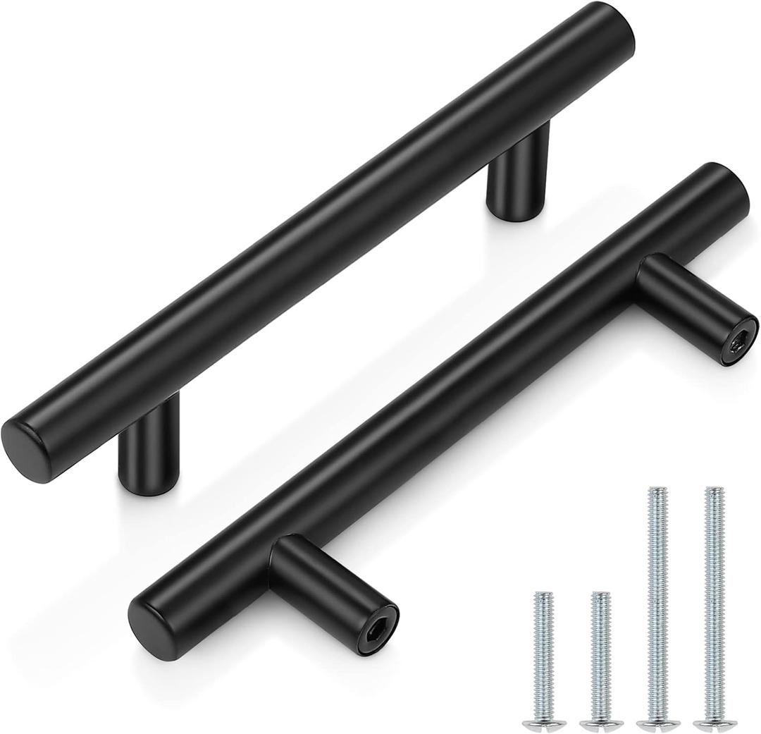Probrico Pack of 30 | 6 Inch Black Cabinet Handles with 3-1/2 Inch Hole Center Stainless Steel Cabinet Pulls Round T Bar Kitchen Cabinet Hardware Door Handles, Drawer Dresser Pulls90mm Hole Centers