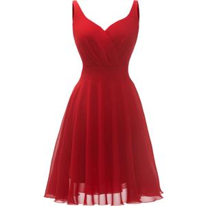 Dressever Summer Cocktail Dress V-Neck Adjustable Spaghetti Strap Chiffon Sundress (Medium, Red)