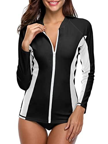 ATTRACO Women Long Sleeve UV Shirts Zip Up Rash Guard Athletic Swimsuits White, Size S