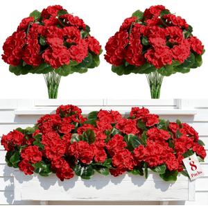 Alupssuc 8Pcs Artificial Geranium Flowers for Outdoors Decoration Silk Floral, UV Resistant Fake Plants, Faux Flower for Porch Garden Table Centerpieces Home Indoor Outside Spring Decor (8, Red)