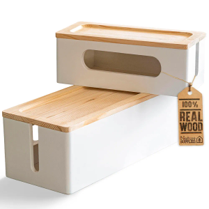 NATURE SUPPLIES Set of 2, Wood Cable Management Boxes, Large and Medium Cord Organizer to Hide Wires and Power Strips for TV, Desk, Computer, Router, Cable Storage and Home Office Organization, White