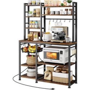 Baker Rack with Power Outlet - Microwave Stand with Storage, Large Coffee Bar Station with 14 Hooks, Metal Kitchen Shelf Rack for Spices, Pots (Rustic Brown)