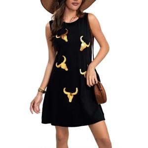 UNIQUEONE Western Dress for Women Sequin: Country Concert Outfits Boho Cow Skull Cowgirl Sleeveless Dresses (XX-Large)