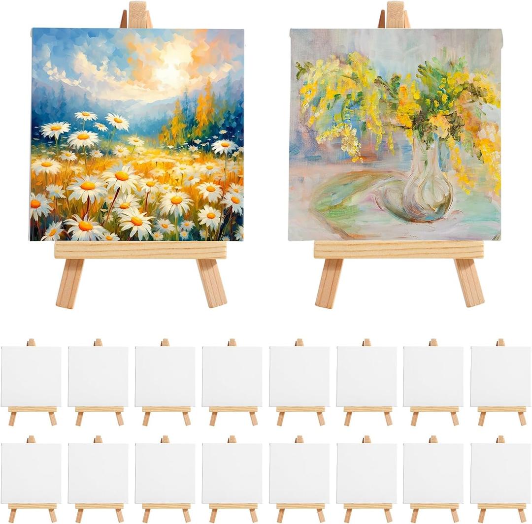 36 Pcs Mini Canvas and Easel Set for Painting, 4 x 4 Inch Canvas Panels with 6 Inch Wooden Easels for Oil Acrylic Painting Christmas Birthday Valentine's Mother's Day Art Crafts Party Favors