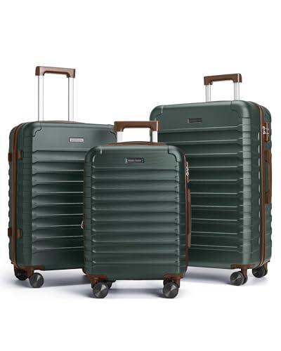 LIGHT FLIGHT Luggage Sets, 3 Piece Durable Suitcase Set with Spinner Wheels, 3 Pcs Hard Shell Lightweight Luggage with TSA Lock, Large Checked Travel Suitcases, 20/24/28 Inch,Green/Brown