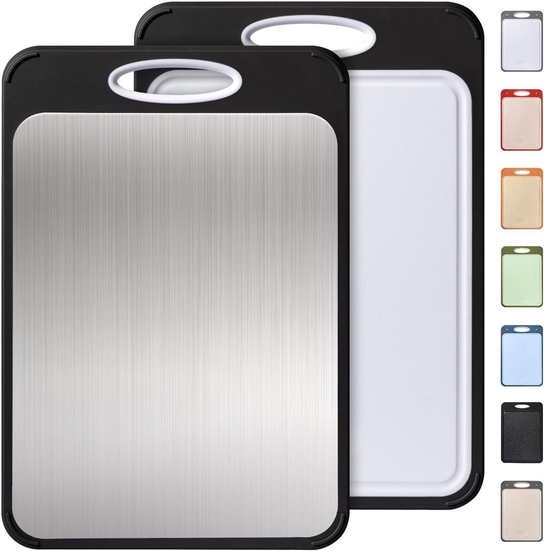 2 in 1 Stainless Steel Cutting Board with Handle Chopping Best Non Toxic Cutting Boards 2 Sided Cutting Boards for Kitchen Butcher Board Best Hardwood Kitchen Counter Organic Vegetable Meat BBQ Kit (Black/White)