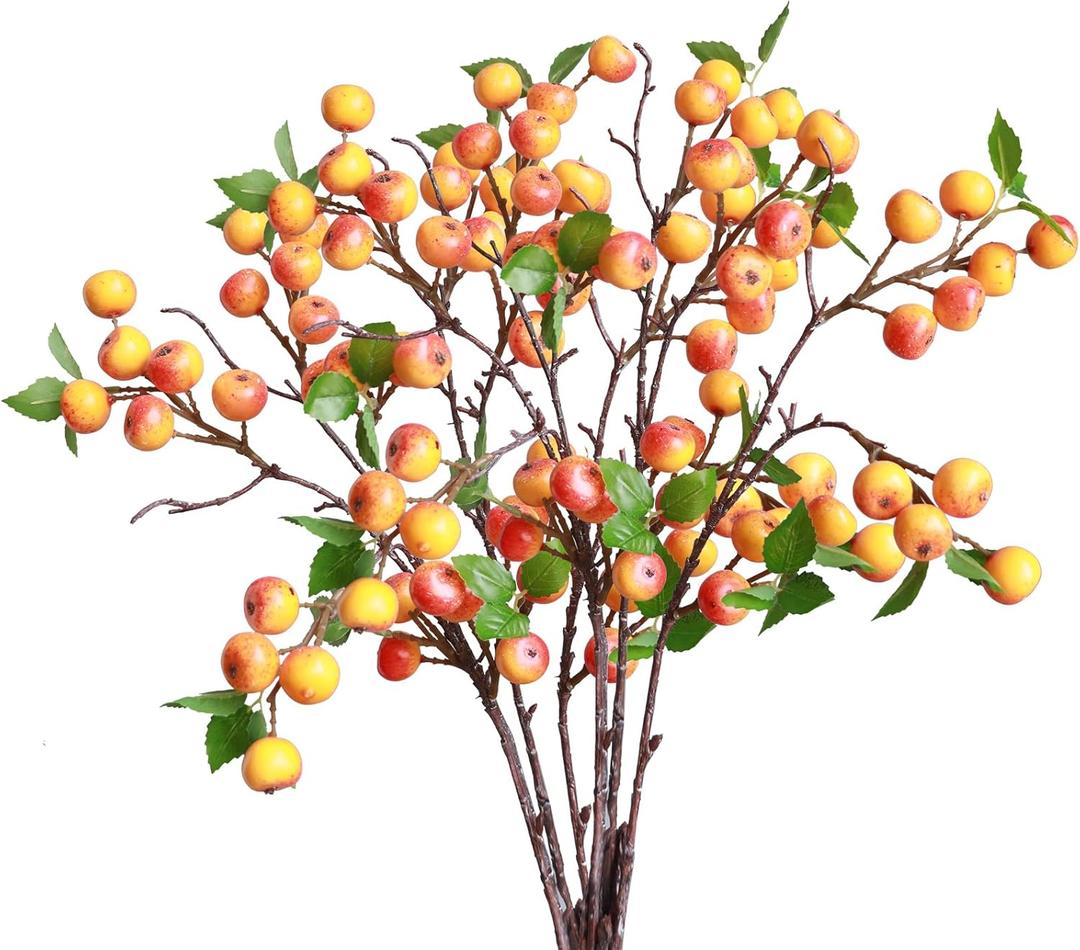 Forlaoers Real Looking 8Pcs 21.6 Inch Orange Faux Berry Stems Artificial Flowers Artificial Berries for Room Office Decor Kitchen Table Vase Arrangements Bathroom Christmas Decorations Indoor