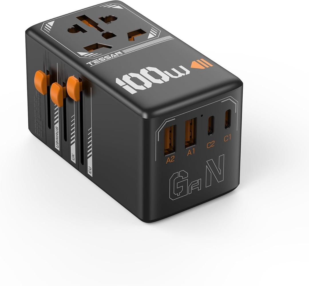 TESSAN Universal Travel Adapter, 100W GaN International Power Adaptor with 4 USB Ports (2 USB C), Worldwide Plug Adapter for US to EU Europe UK AUS France Italy Spain Ireland(Type C G A I), Black