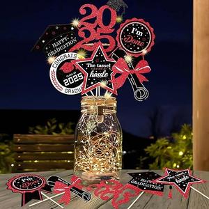 Graduation Party Centerpieces Decorations for Tables Class of 2025-30pcs Glitter Navy Blue and Gold Graduation Table Centerpieces Sticks with LED String Lights for Graduation Party Decor Supplies