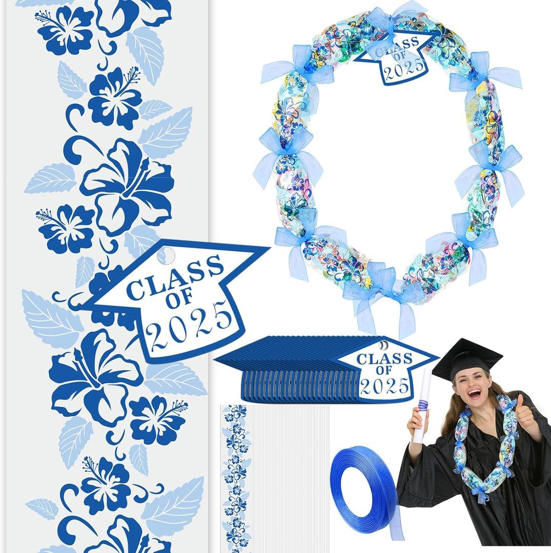Junkin 24 Set Candy Lei Tubing Graduation Money Lei Making Kit Class of 2025 Hawaiian Congrats Grad Long Ribbons Dessert Filler for Party Graduate Gifts(Blue)