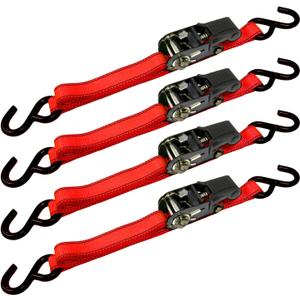Cargoloc Premium Ratchet Tie Downs - 4 Pk - 15 Ft - 500 Lbs Load Cap - 1,500 Lbs Break Strength - Cargo Straps for Moving Appliances, Lawn Equipment, Motorcycles, etc. - RED