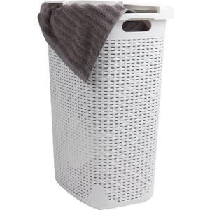 Mind Reader Slim Laundry Hamper with Lid, 60L Tall Clothes Basket, Narrow Tapered Design for Bathrooms, Closets and Laundry Rooms, Plastic, White (Single)