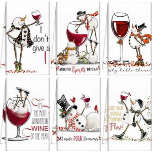Hosuly 6 Pcs Christmas Snowman Wine Kitchen Towels Winter Decorative Hand Towels Xmas Snowman Dish Tea Kitchen Decor Christmas Cocktail Bar Decor for Home Wine Lover Gifts