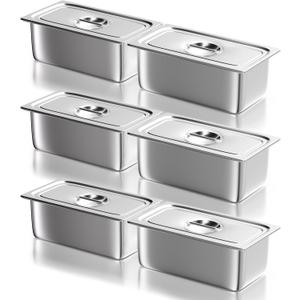 WantJoin Steam Table Hotel Pans with Lid 1/3 Third Size 6 Inch Deep 6 Pack, Stainless Steel Metal Tray Sets Food Storage Container, Restaurant Chafing Dishes Commercial Buffet Warmer Catering Supplies