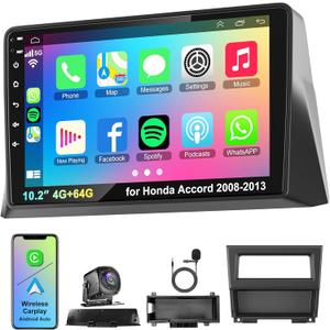 Android Car Radio for Honda Accord 2008-2013, Build in Wireless/Wire Carplay & Android Auto Support Bluetooth5.2, Back-up Camera,FM Stereo,SWC,10.2 Inch IPS Touch Screen 4GB+64GB