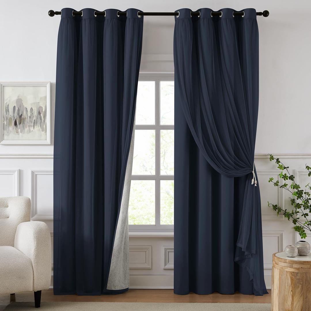 100% Blackout Curtains for Bedroom, Double Layer Navy Blue Curtains, Black Out Curtain 84 inch long With Sheer Overlay for Living Room, Room Darkening Window Drapes with Grommet, 52"W x 84"L