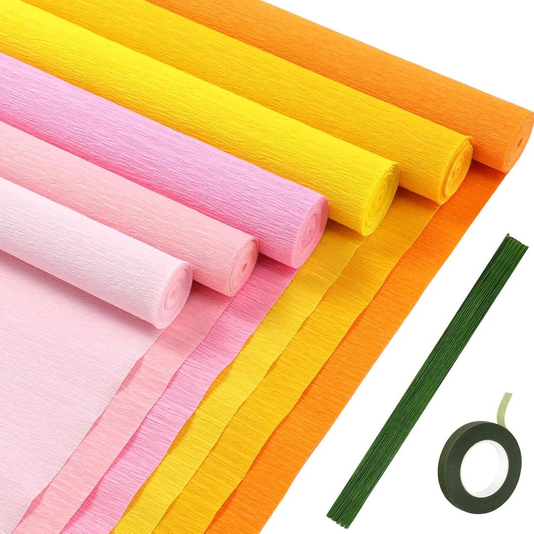 Gersoniel 57 Pcs Crepe Paper Flower DIY Kits 6 Rolls 35g Papel Crepe Sheets 50 Pcs Floral Iron Wire 10 Inch x 8 Feet 1 Roll 50 Meter for Birthday Party Wedding(Pink and Yellow Series)
