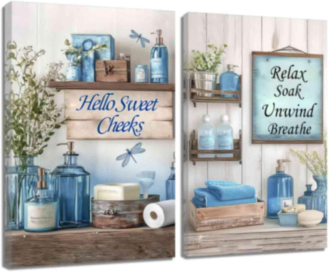 ZQQART Funny Bathroom Canvas Prints Wall Art Farmhouse Bathroom Relax Signs Pictures Decor Rustic Flower Painting Decor (Blue,12.00" x 16.00" x 2)