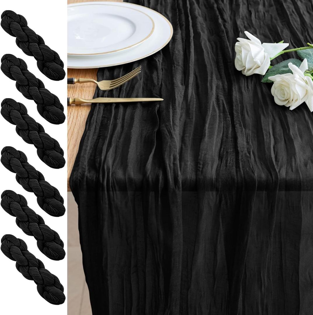 6PCS Table Runner Cheesecloth 10FT Black Boho Gauze Cheese Cloth Rustic Sheer Table Runners for Wedding Birthday Bridal Baby Shower Party Decoration