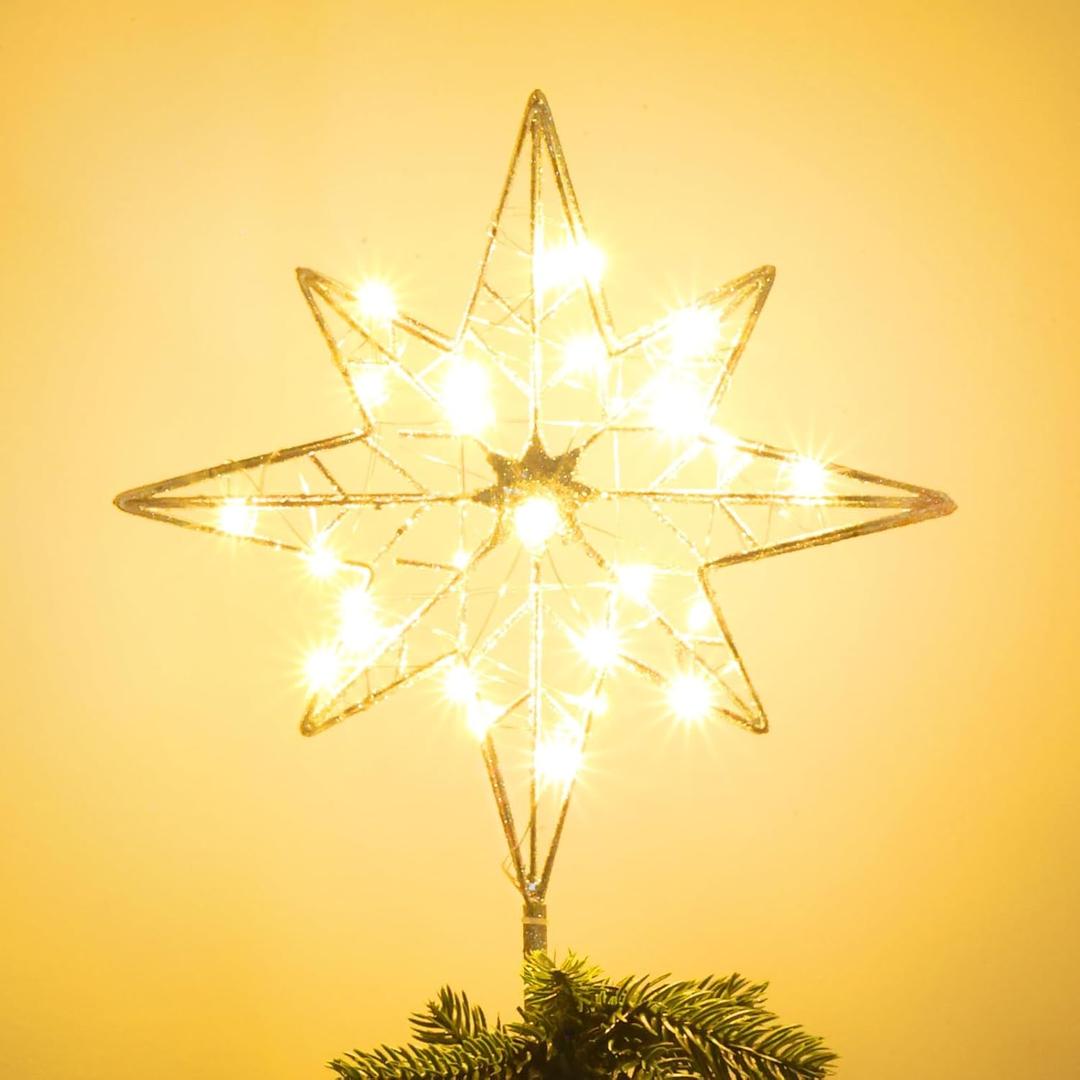 hogardeck Christmas Tree Topper, 11 Inches Lighted Gold Glittered 8-Point Star Tree Topper, 30 LED Sparkling Tree Toppers Christmas Decorations, Battery Powered Timer Xmas Treetop Star Decor