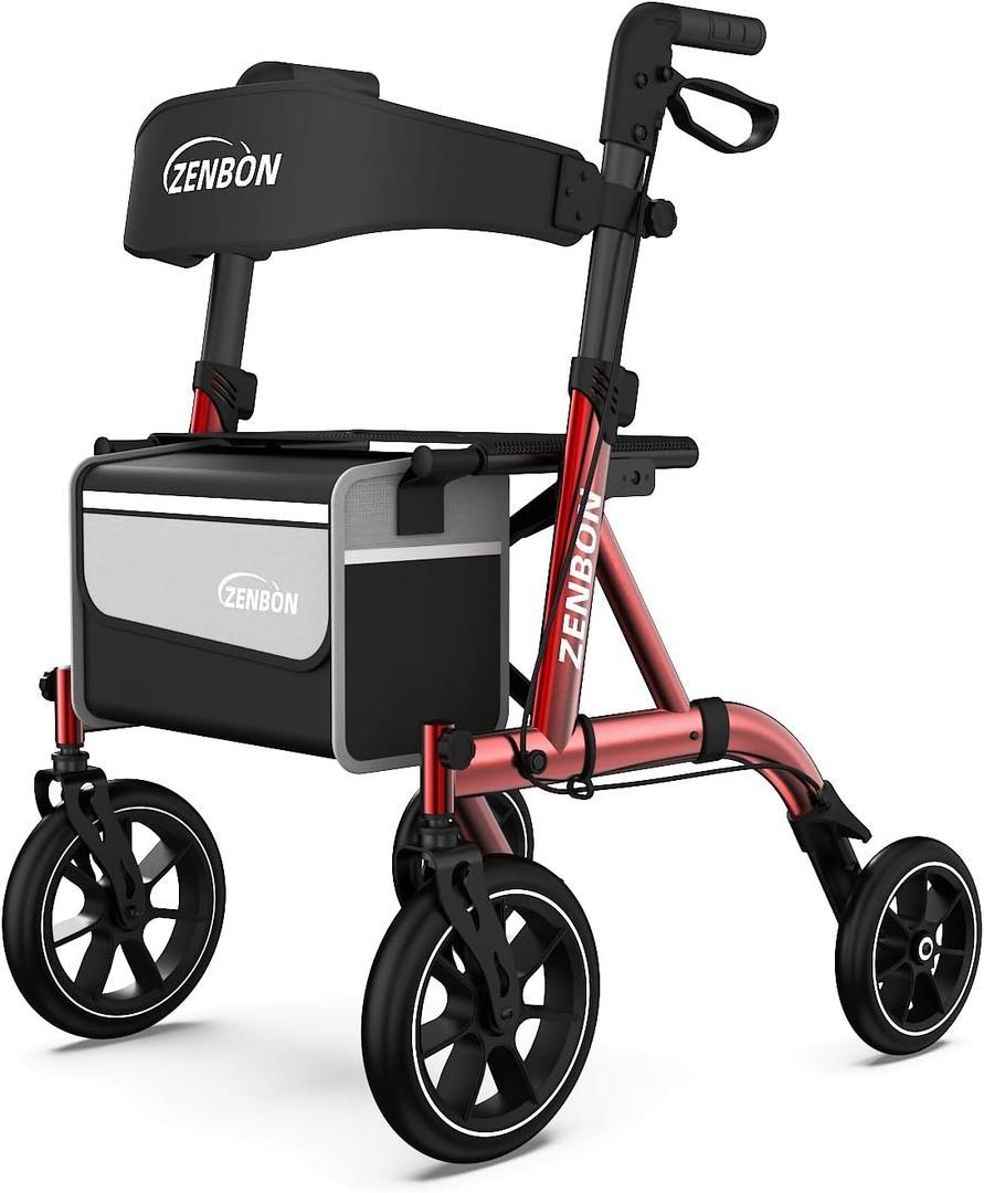 Rollator Walker for Seniors/Adults Foldable Rolling Walker with Seat 330 lbs Capacity 10 inch Wheels Hand Grips Adjustable Height Lightweight Durable Aluminum Walker Removable Back Support 7210(Red)