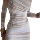 GOKATOSAU Women's Sexy Round Neck Mesh Long Sleeve Full Ruched Bodycon Mini Dress, Medium, White