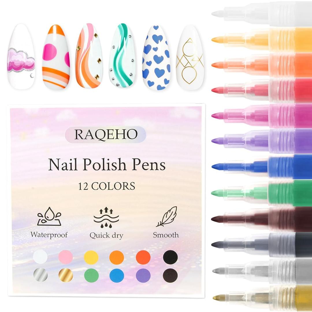 12Colors Nail Art Pens - Nail Polish Markers Quick Dry Waterproof Doodle Design Pen for Gel Polish Nails Decorating Painting Tracing Lining Dotting Manicure Tech Must Haves Supplies 0.7mm)