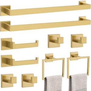 10-Piece Bathroom Hardware Accessories Set-Brushed Gold Towel Bar, Holder & Racks-SUS304 Stainless Steel-Wall Mounted,23.6-Inch