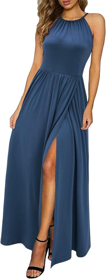 KILIG Women's Summer Maxi Dress 2025 Casual Sleeveless Split Floral Sundress Beach Vacation Flowy Long Dresses (Large, Navy)