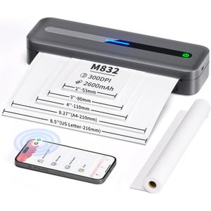 COLORWING Portable Printers Wireless for Travel, 300DPI Mini Compact Inkless Printer, Thermal Bluetooth Printer Compatible with Android and iOS Smartphone & Tablet & Laptop - Gray
