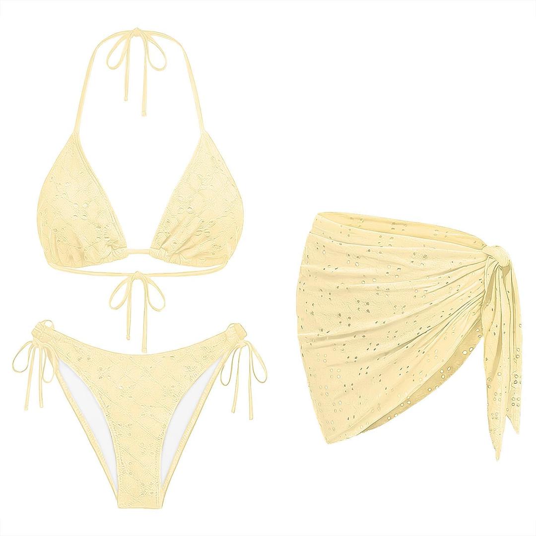 Women 3 Piece Swimsuits - Sexy Triangle Bikini Sets with Cover Up Halter String Tie Side Bathing Suits Medium