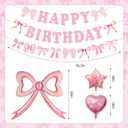 2 x Pink Bow Happy Birthday Decorations - Large Bow Balloons Banner for Coquette Birthday Decorations Foil Balloons for Girls Women Pink Coquette Themed Party Decor