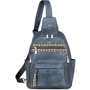 FADEON Large Sling Bag for Women, Leather Crossbody Purse Designer Anti Theft Sling Backpack, RFID Fanny Packs for Travel (Dark Blue Retro Style)