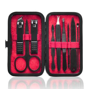 Manicure Set 9 in 1 Stainless Steel, Nail Clippers Scissors Pedicure Tools Kit - Portable Travel Grooming Kit for Men and Women with Black/Red Leather Case (Red)