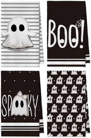 Artoid Mode Black Ghost Spooky Boo Halloween Kitchen Towels Dish Towels, 18x26 Inch Quick Dry Microfiber Hand Towels for Kitchen Drying, Set of 4
