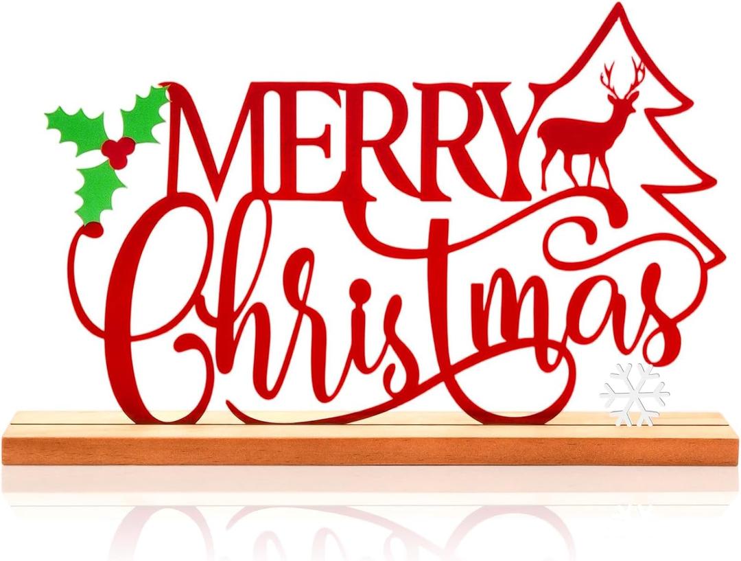 Metal Merry Christmas Table Sign Xmas Tabletop Centerpiece with Wooden Base Freestanding Rustic Tiered Tray Decor for Home Mantel Shelf Fireplace Decoration (Red)