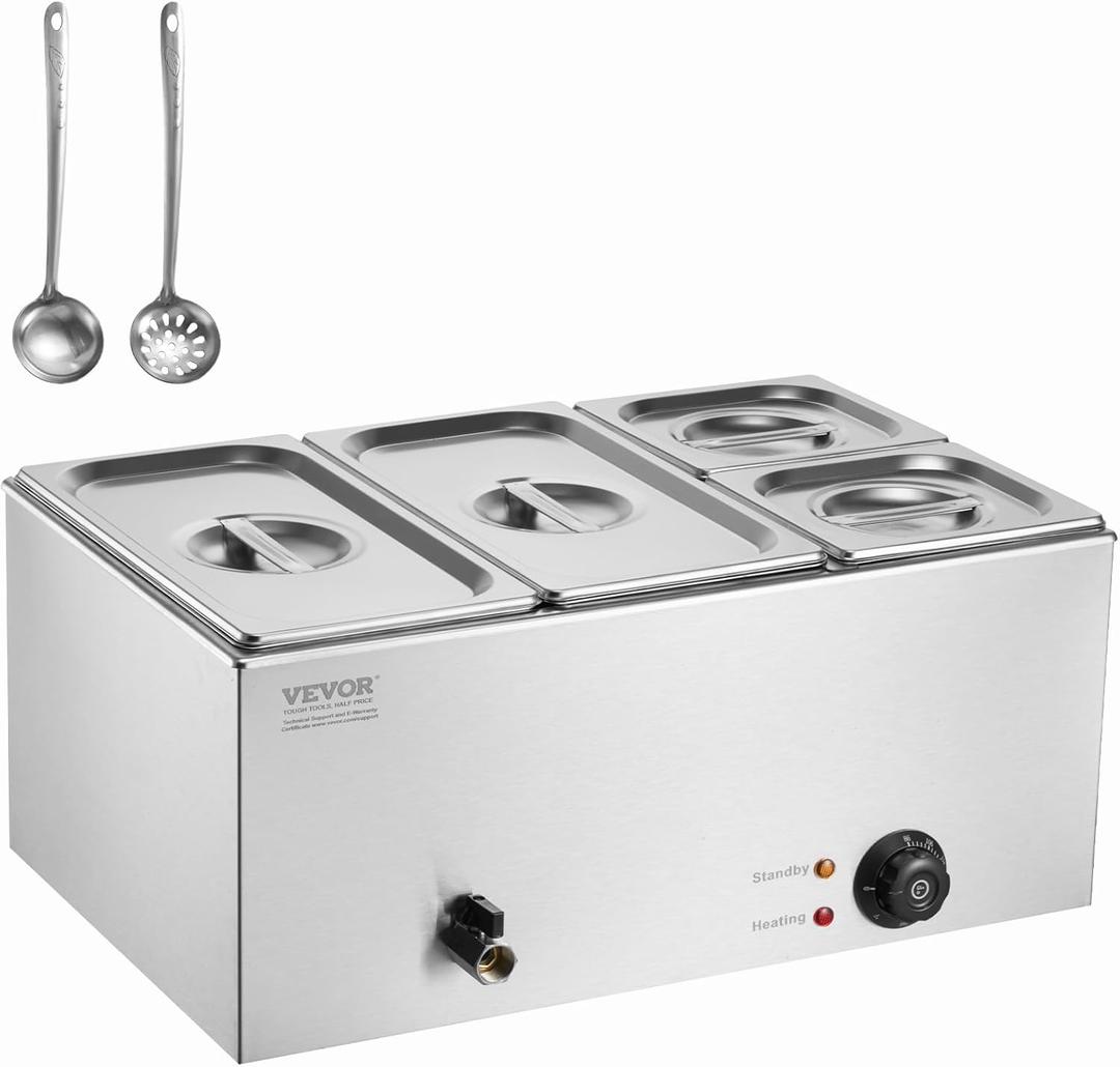 VEVOR 4-Pan Commercial Food Warmer, 16.4QT Electric Steam Table, 1200W Professional Countertop Stainless Steel Buffet Bain Marie with 86-185°F Temp Control for Catering and Restaurants, Silver