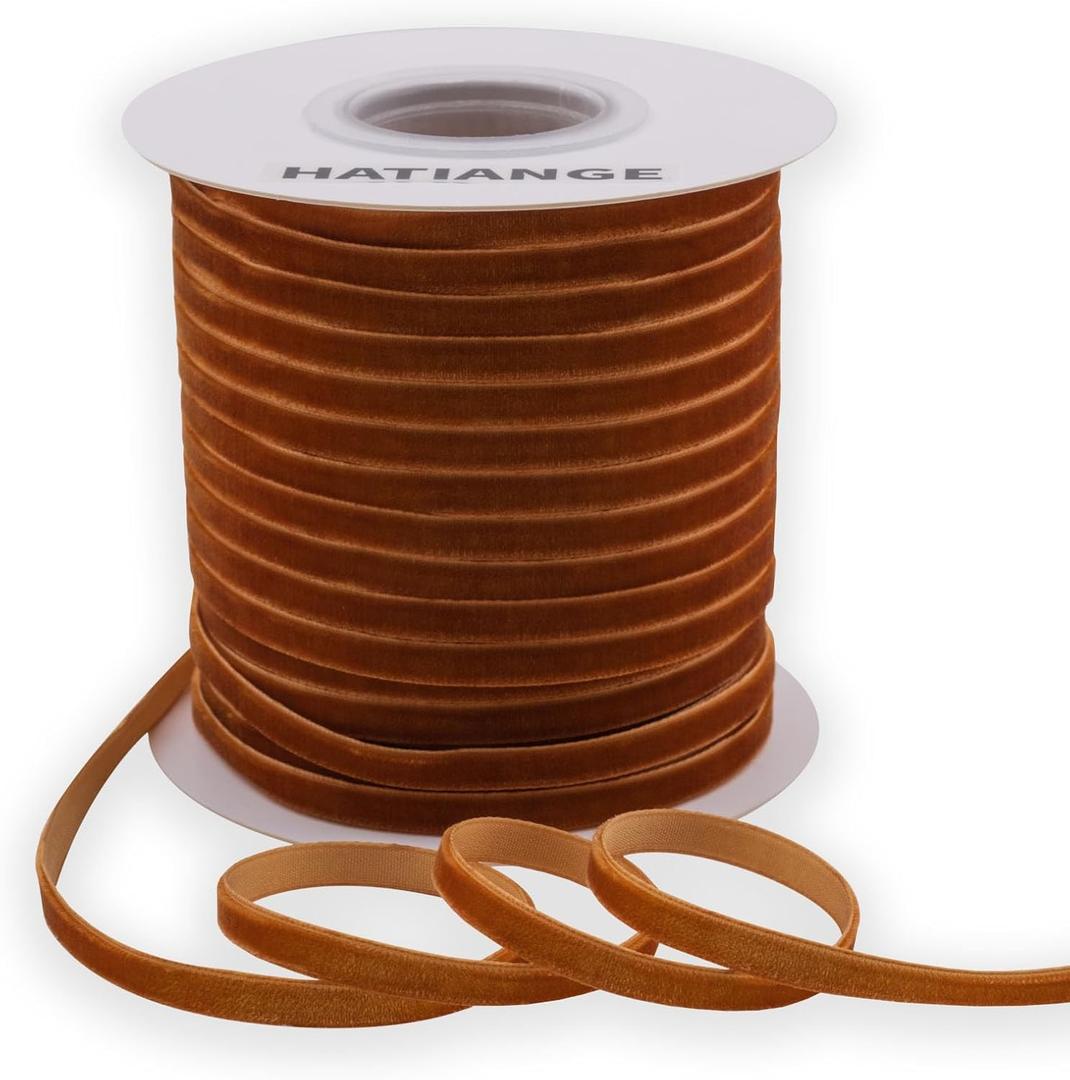 HATIANGE Ginger Velvet Ribbon 1/4 Inch X 50 Yards for Gift Wrapping, Hair Bows, Choker, Wedding Decorations (Antique Golden)