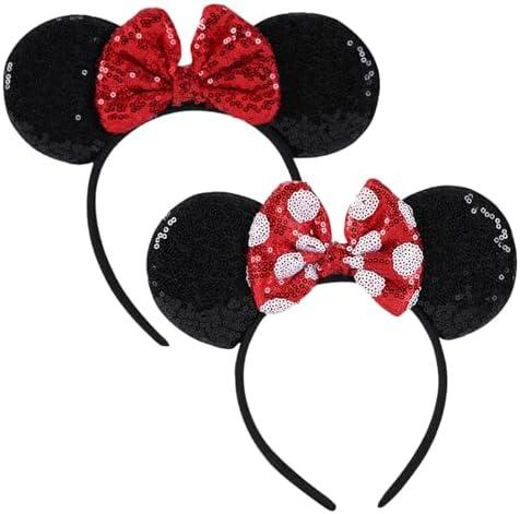socathey 2PCS Mouse Ears Headband for Women, Shiny Sequin Bow Mouse Headbands for Birthday Party & Theme Paradise （DR）