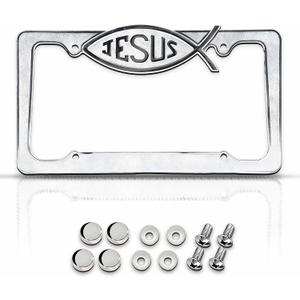 Premium Chrome Christian Fish Jesus License Plate Frame with 4 Screw Caps, Street Legal Universal Fit for Cars & Trucks, Heavy Duty Rust-Free Zinc Chrome Christian Fish Jesus License Plate Frame