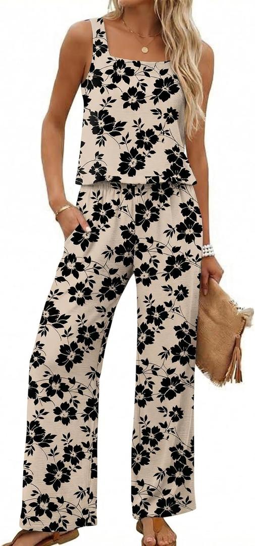 Lepunuo Women Summer 2 Piece Sets Square Neck Sleeveless Crop Tops Wide Leg Pants Matching Sets Travel Vacation Outfits (Small, Floral Khaki)