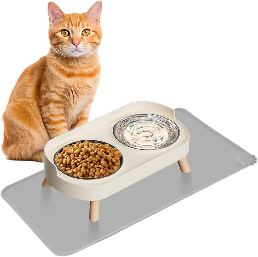Elevated Cat Bowl with Food Mat, Raised Cat Food and Water Bowl Set for Indoor Cats, Splash Proof with 2 Stainless Steel Pet Food Bowls for Cats and Puppies,Whisker Fatigue and Dishwasher Safe (White)