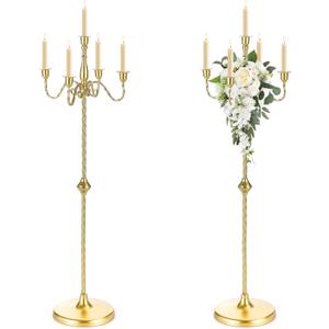 42.7 Inch Floor Candelabra Candle Holder Set of 2, 5 Arms Gold Candlestick Holders, Tall Candelabras Centerpiece for Taper Candles, Metal Standing Candlesticks for Wedding Birthday Party Home Decor