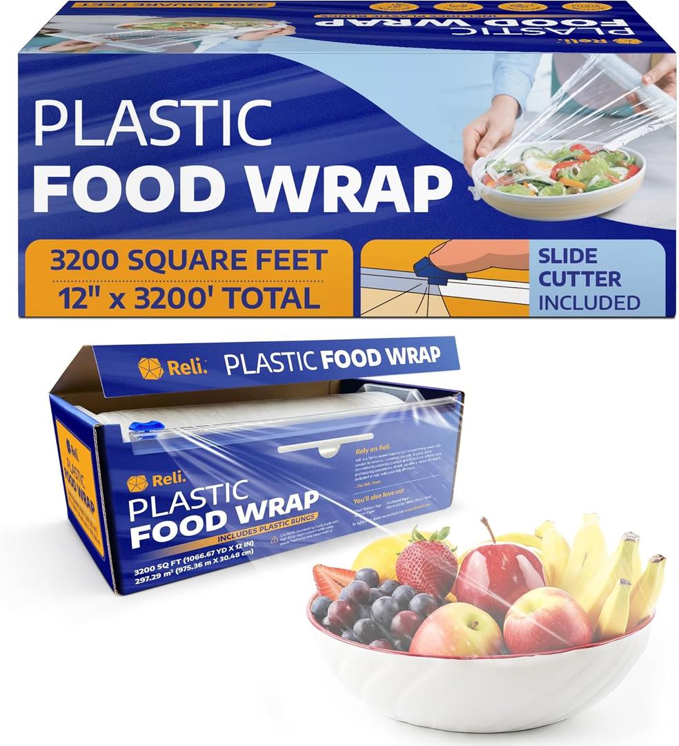 Reli. Plastic Wrap for Food (12" x 3200 SQ. FT. - Bulk Roll) Cling Wrap with Slide Cutter | Clear, Kitchen Use Plastic Wrap/Cling Film for Food Service | Microwave Safe