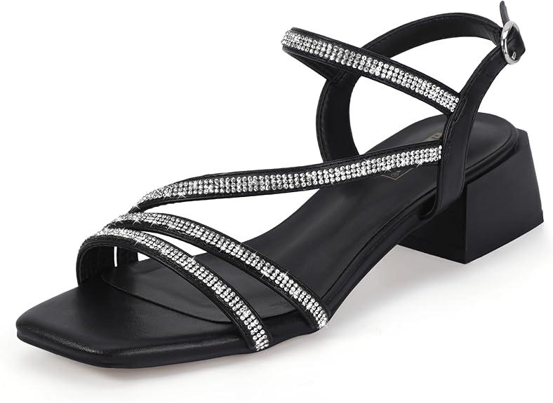 IDIFU IN2 Rhinestone Low Heels for Women Strappy Chunky Block Short Square Open Toe Heeled Sandals Wedding Bride Party Dress Shoes Comfortable Dressy Sparkly Bling Thick Heels 7.5