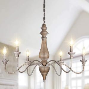 French Country Chandelier 6 Light Farmhouse Chandelier Rustic Candle Chandeliers with Imitation Wood Finish for Dining Room Living Room Bedroom Kitchen Stairway, Dia 29.5