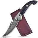 7.5 inch Damascus Pocket Knife with Sheath, Handmade Folding Pocket Knife for Men, Black-Red Wooden Handle with Brass Bolster, Secure Lock Back Camping Knife for EDC,Hunting,Hiking (Black Folding)