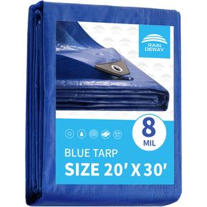 RAINDEWAY Large Tarps 20x30 Feet, 8 Mil Thick, UV Resistant, Multipurpose Waterproof Poly Tarp Cover with Metal Grommets and Reinforced Edges, Durable Blue Tarp, 20x30 Feet-finished Size