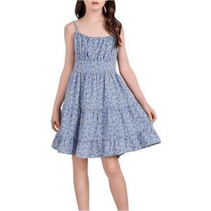 Girl's Summer Dress Floral Ruffle Hem Spaghetti Strap Ruched Bust Cami Short Dress Sundress (Blue) 9Y